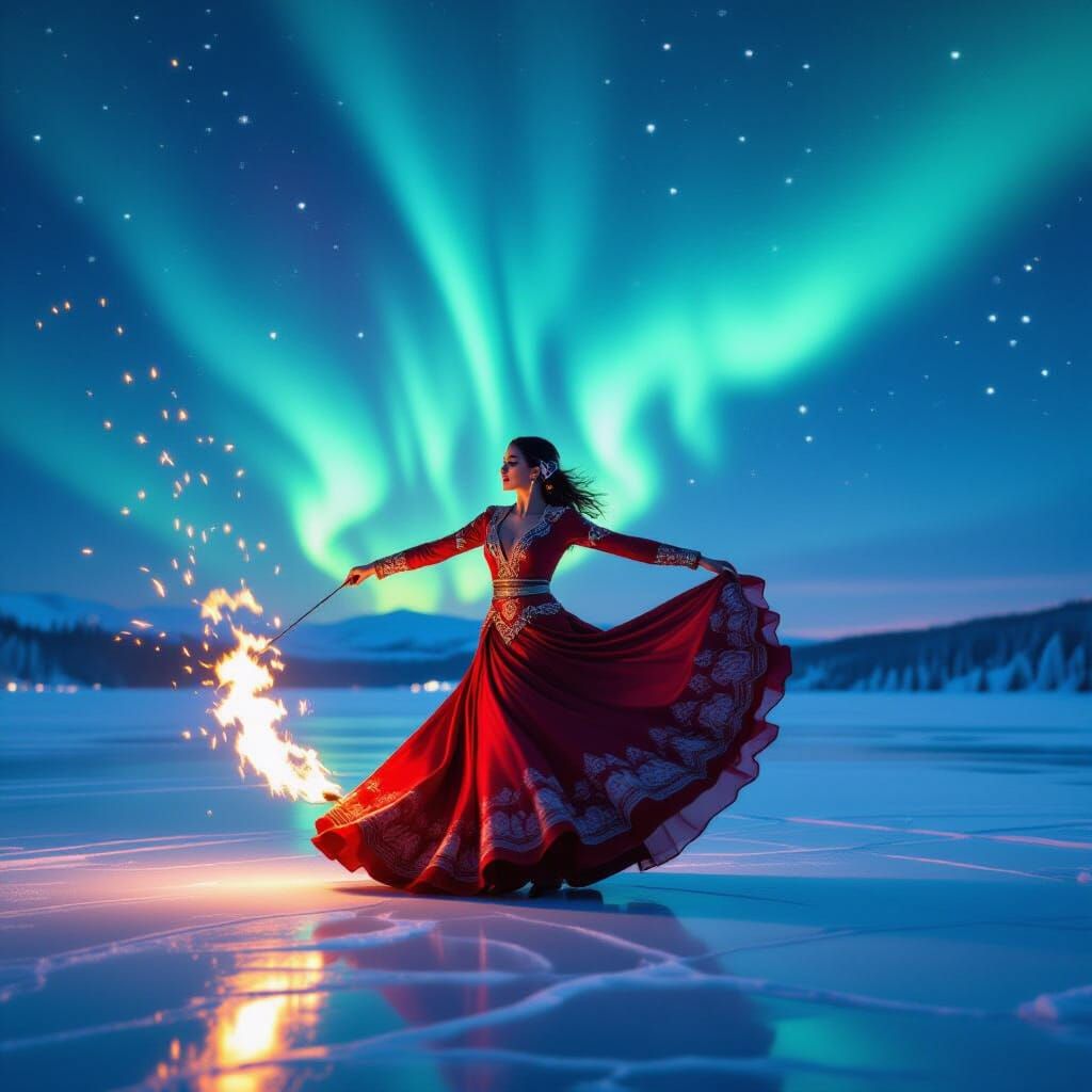 Fire Dancer Under Aurora Borealis, 8K Animation