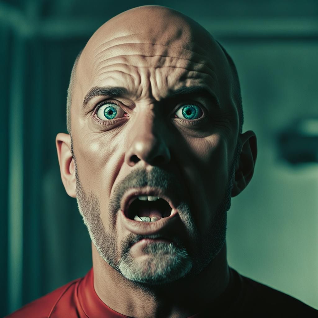 Startled Bald Man with Bulging Eyes