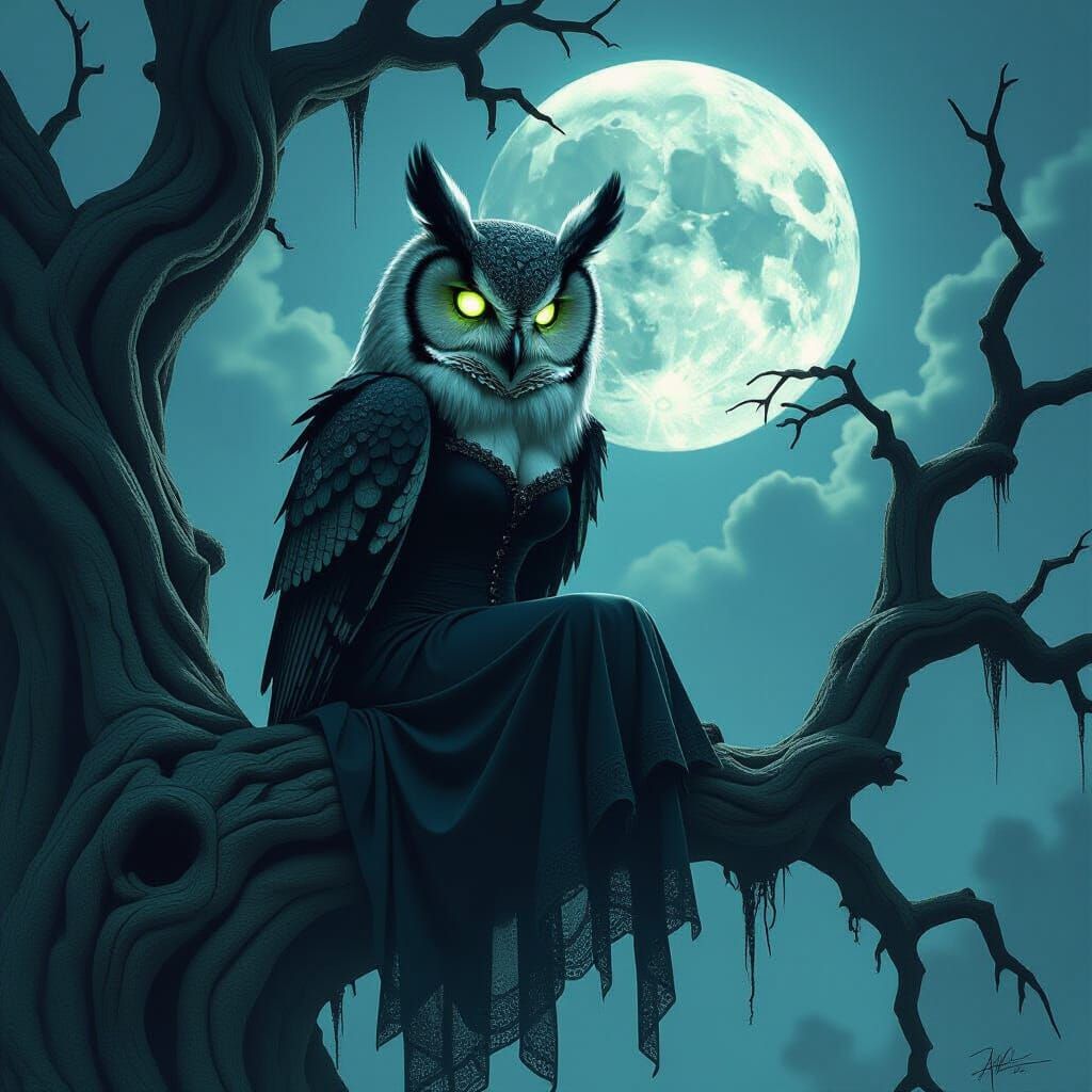 Eerie Owl with Zombie Face in Dark Fantasy Style