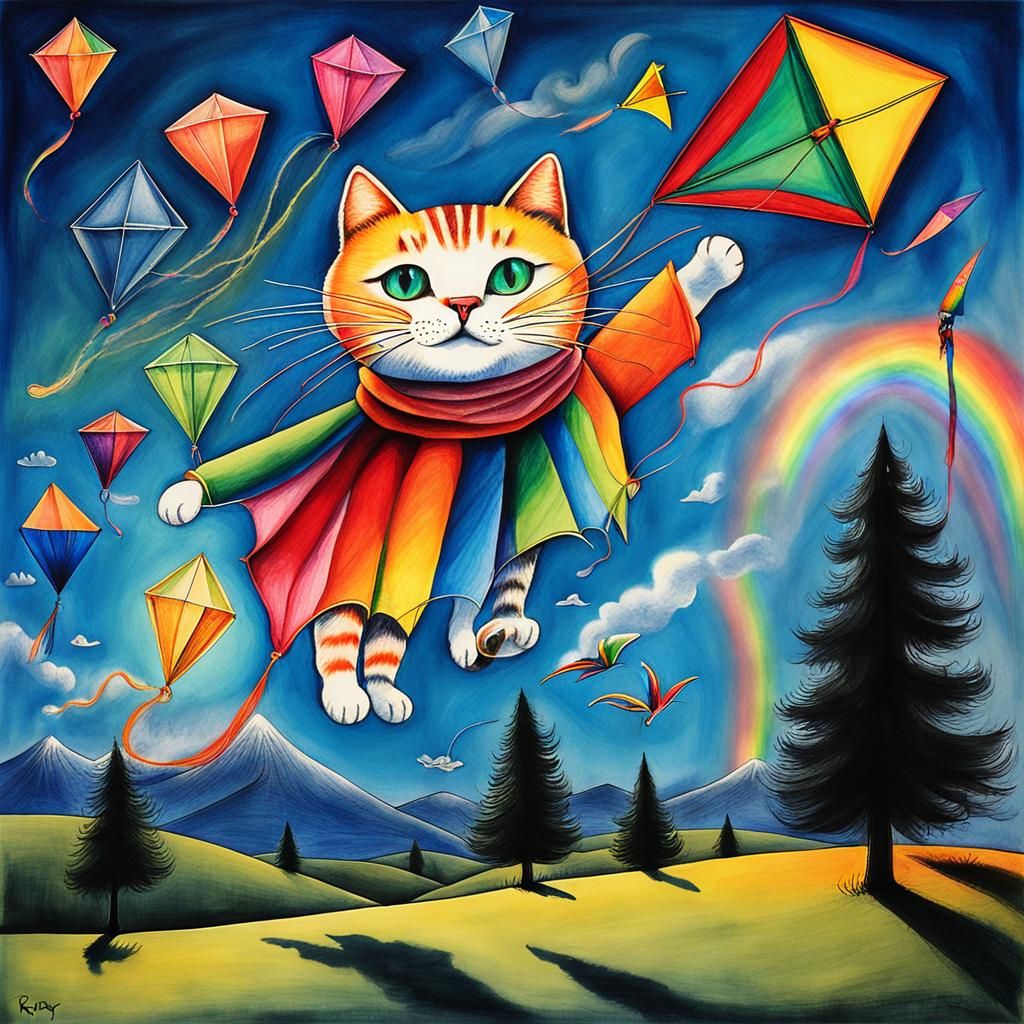 Anthropomorphic Cats Flying Kites: Surreal Crayon Drawing