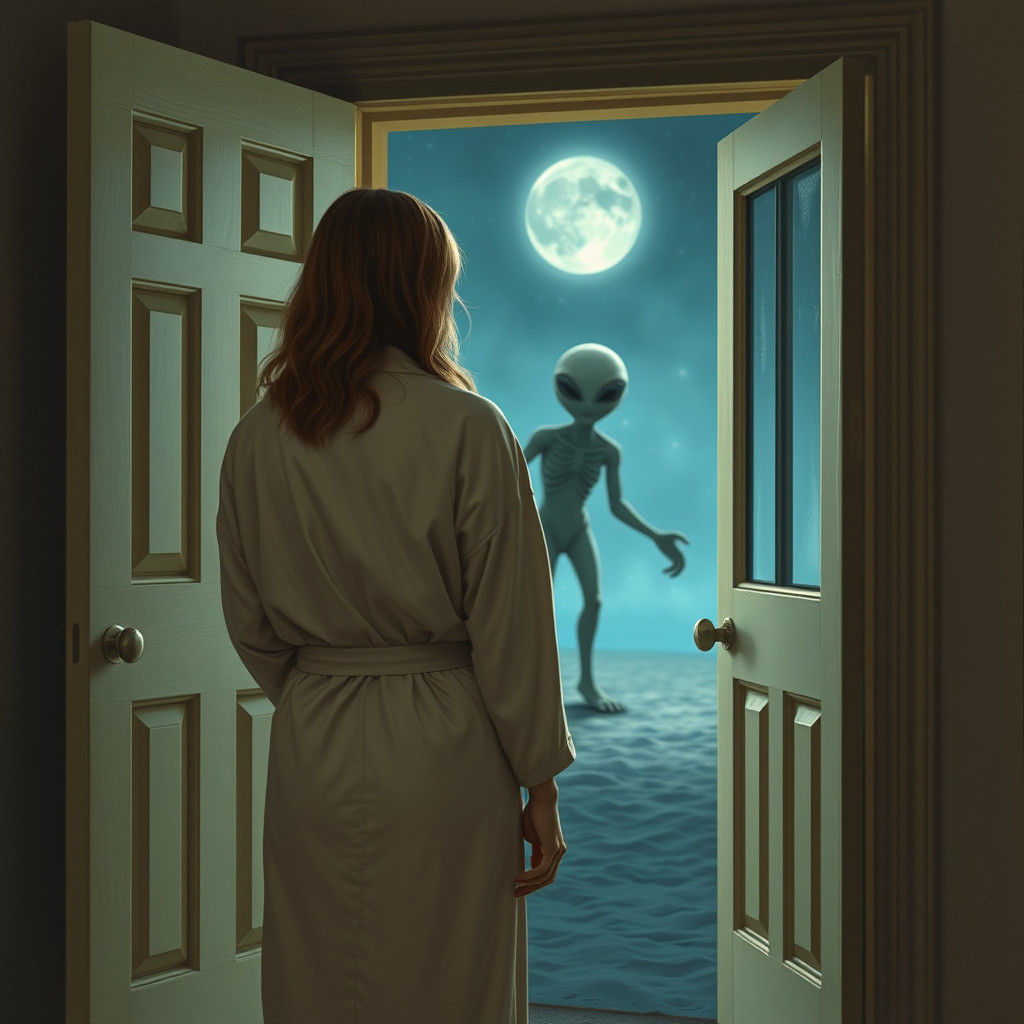 Woman in Bathrobe Entertains a Mysterious Alien Visitor