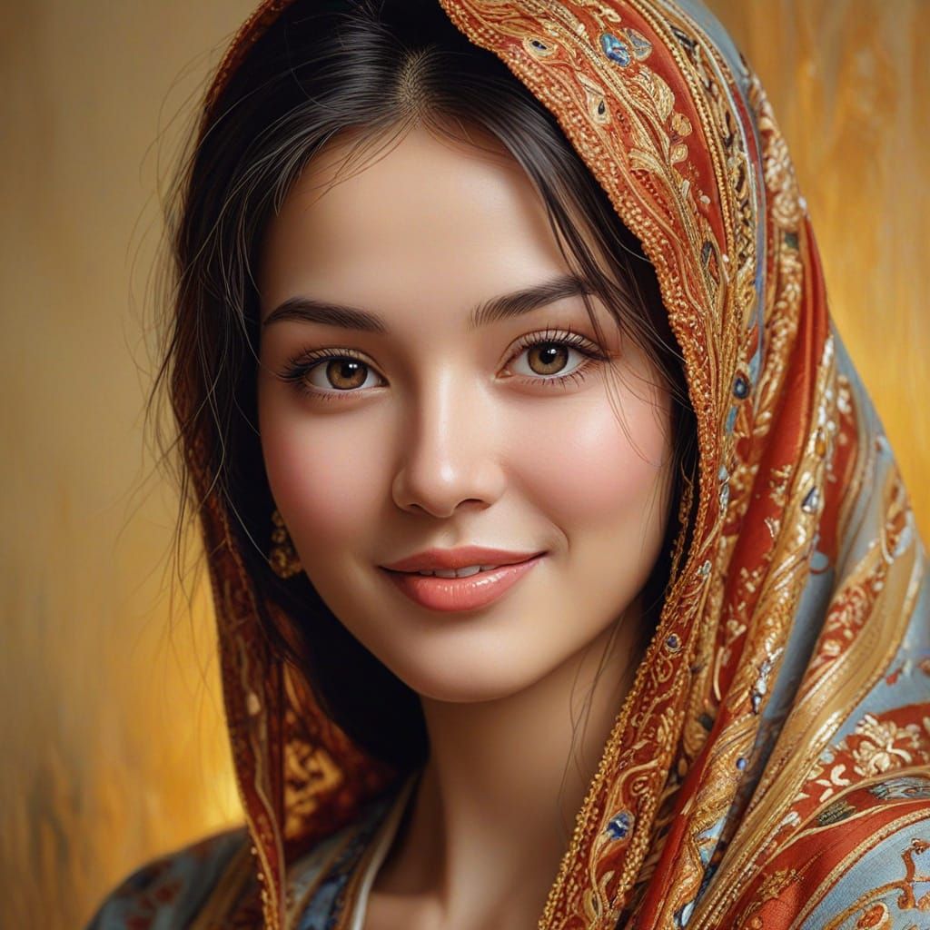 Smiling Eastern Beauty in Golden Light: Oil Painting