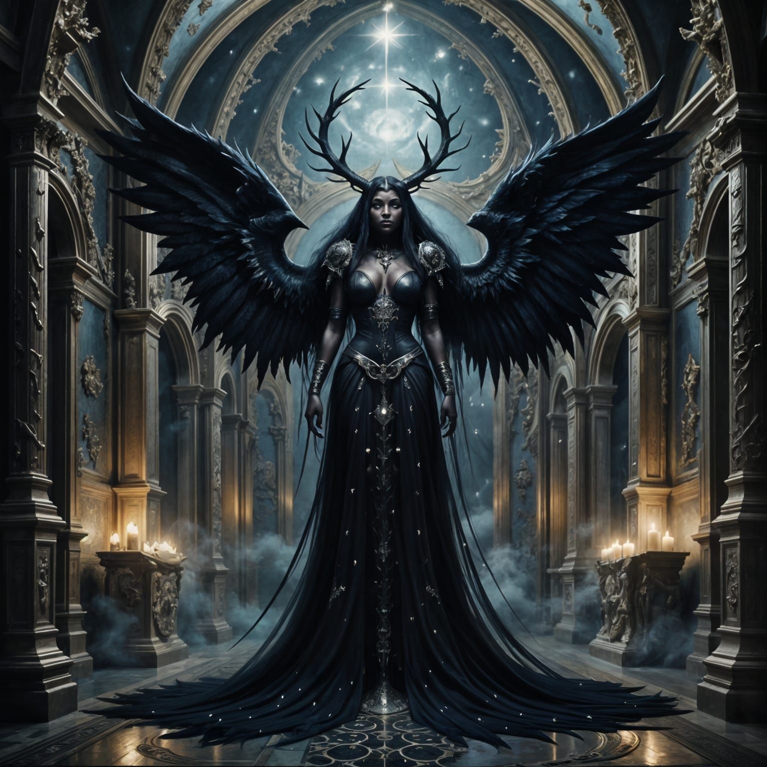 Ghostly Goth Woman in Gothic Mansion Hall