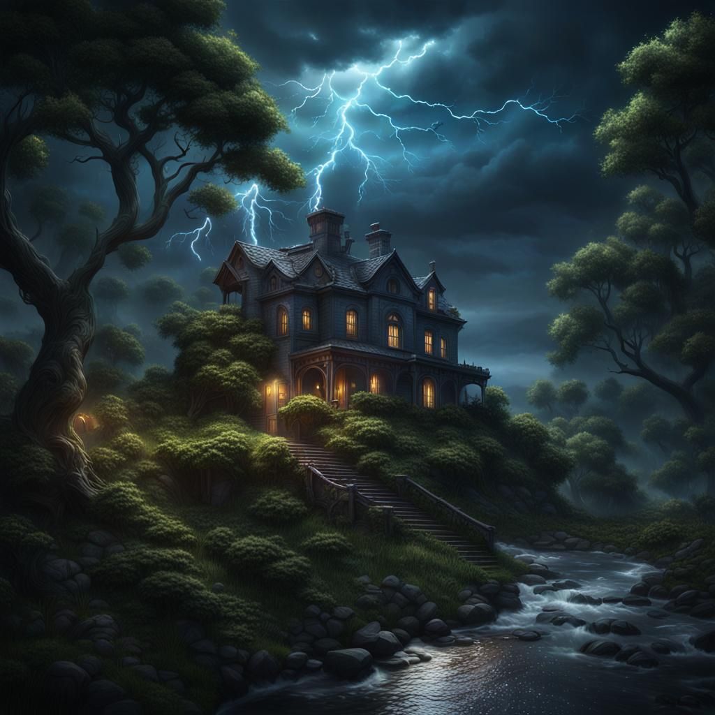 Gloomy House on Stormy Hill: Detailed Matte Painting