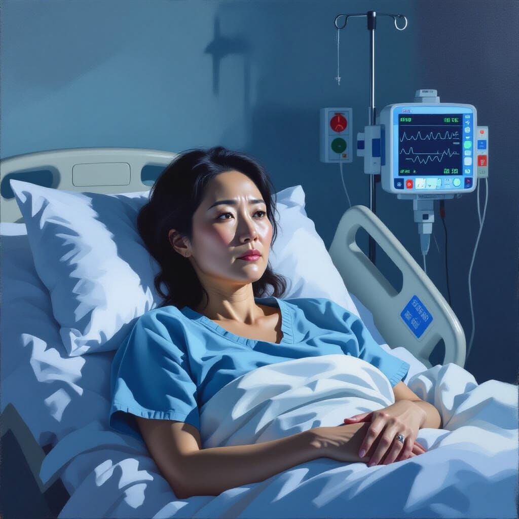 Unwell Woman in Hospital Bed, Realistic Dramatic Style