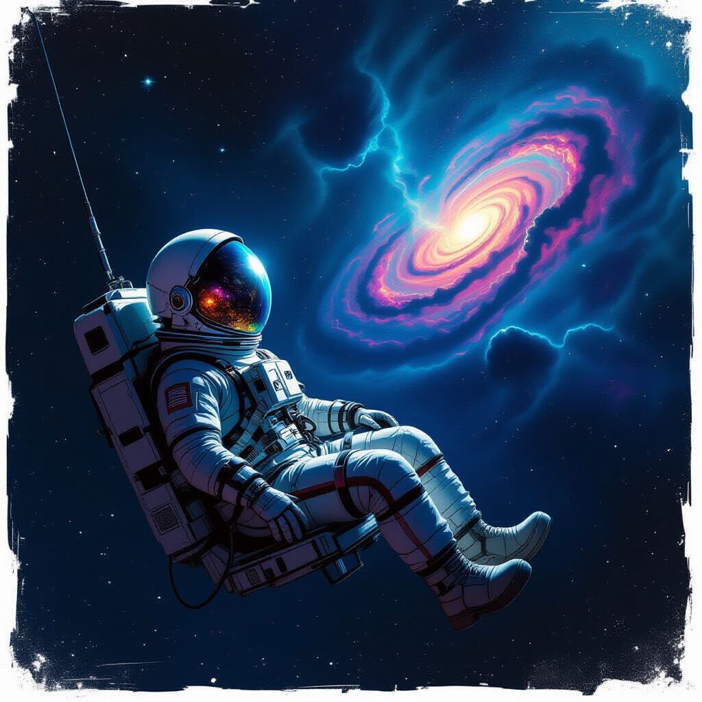 Astronaut Adrift Near Damaged Pod, Nebula Reflection