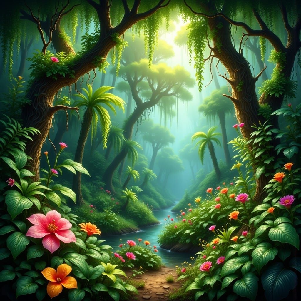 Lush Jungle Landscape in Naive Art Style