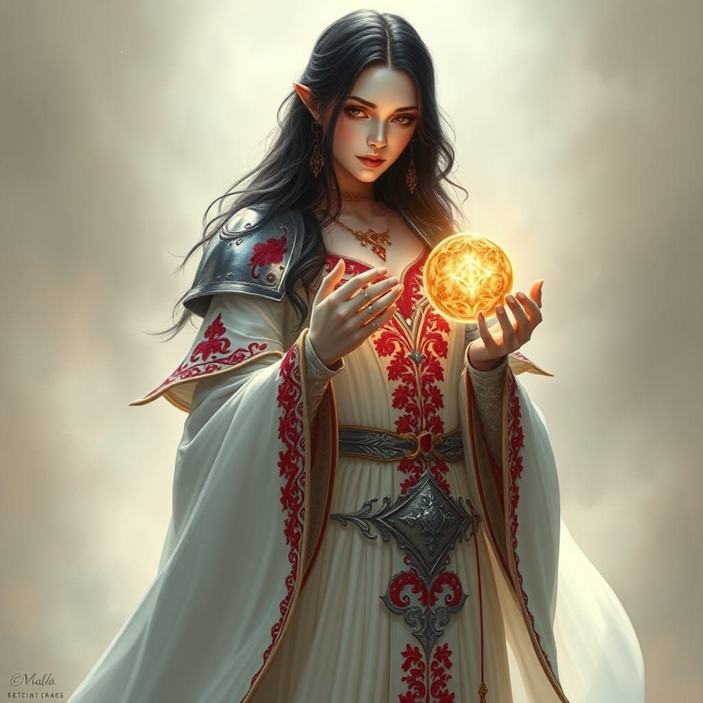 Ethereal Priestess with Golden Sphere, Mystical Glow
