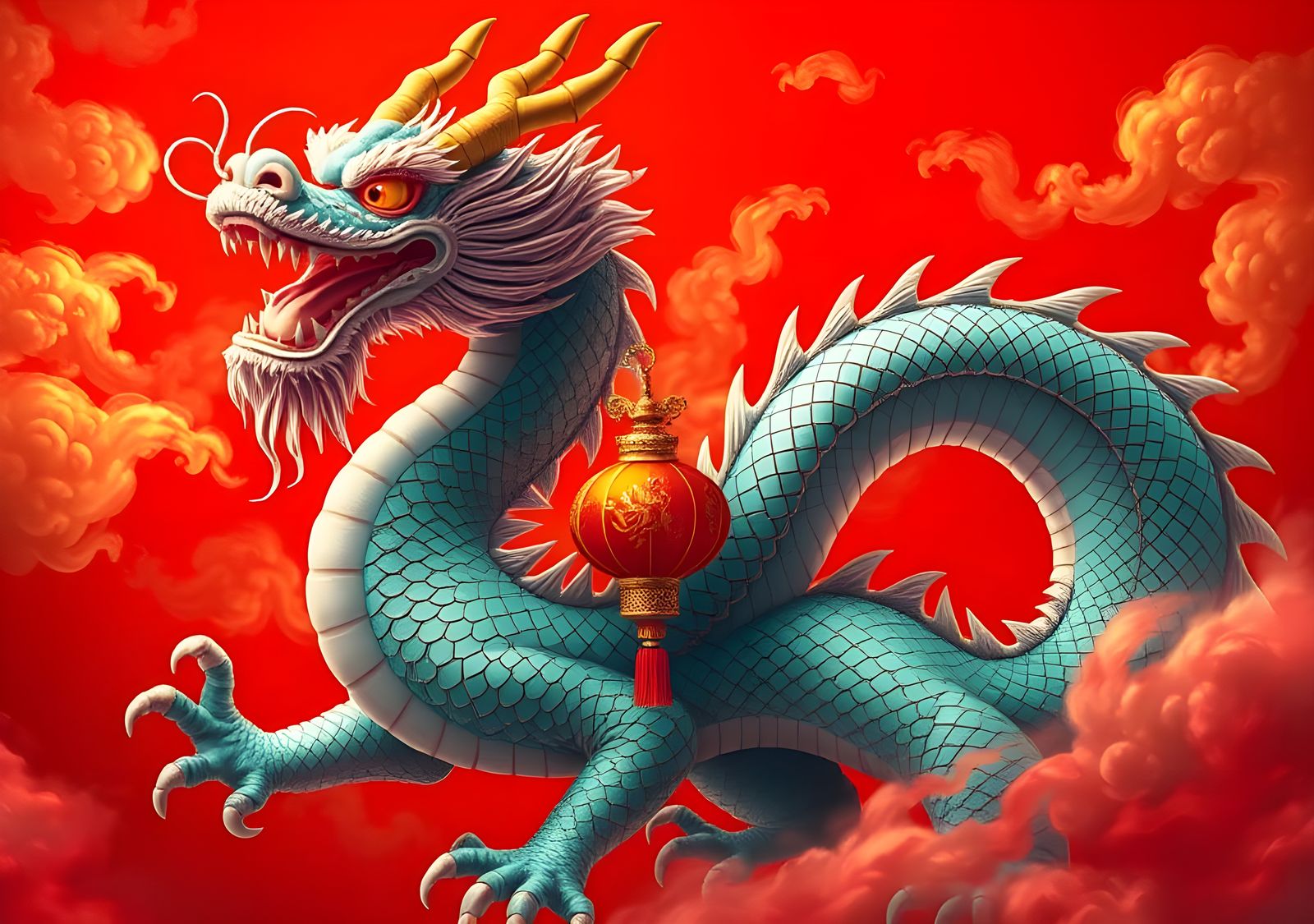Chinese Dragon on Red Background: Fantasy Art