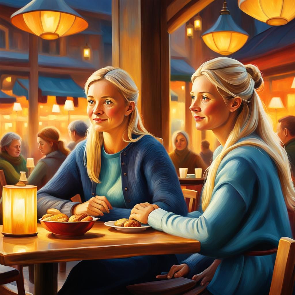 Cozy Restaurant Scene: Impressionist Painting in Vivid Color...
