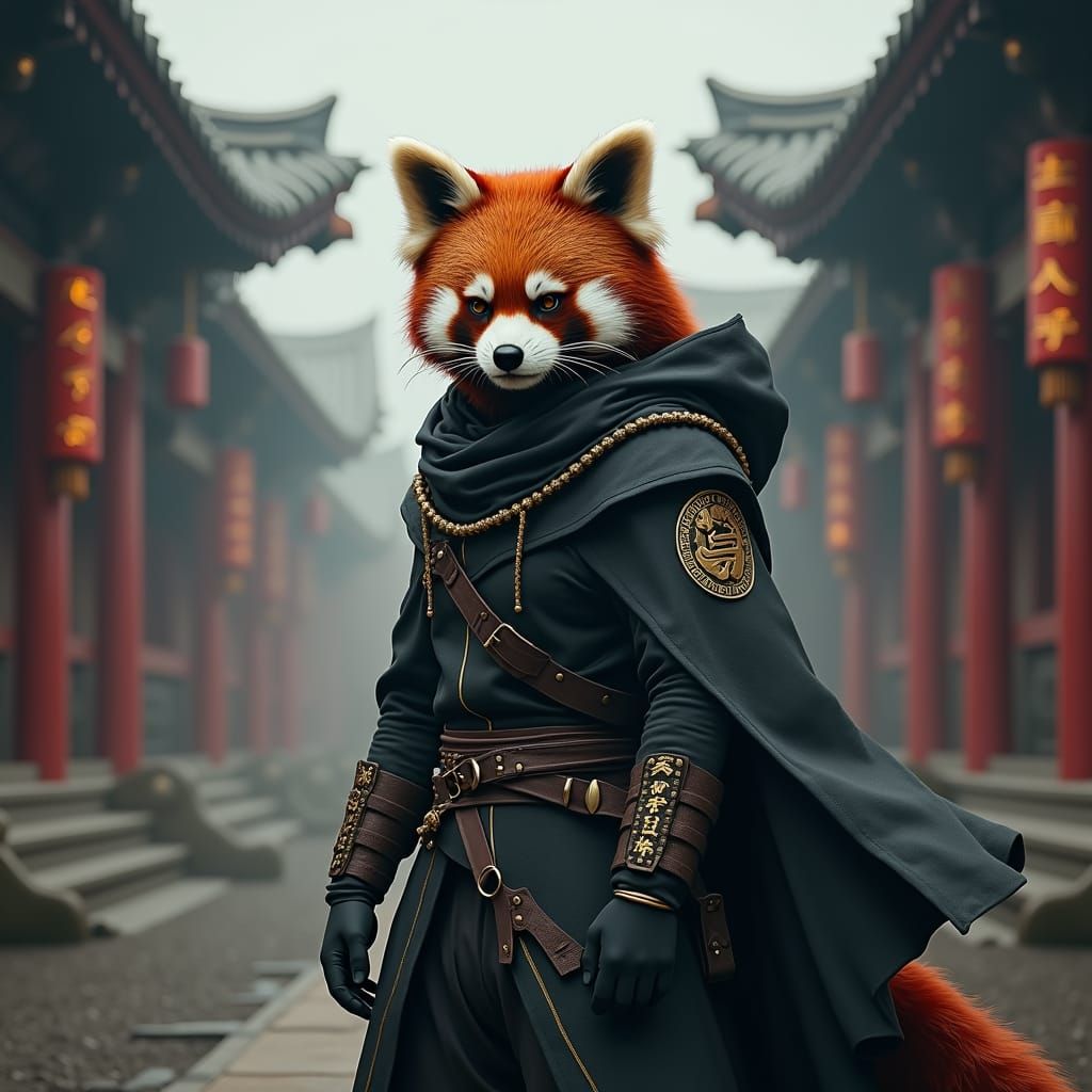 Red Panda Ninja in Mystical Oriental Landscape