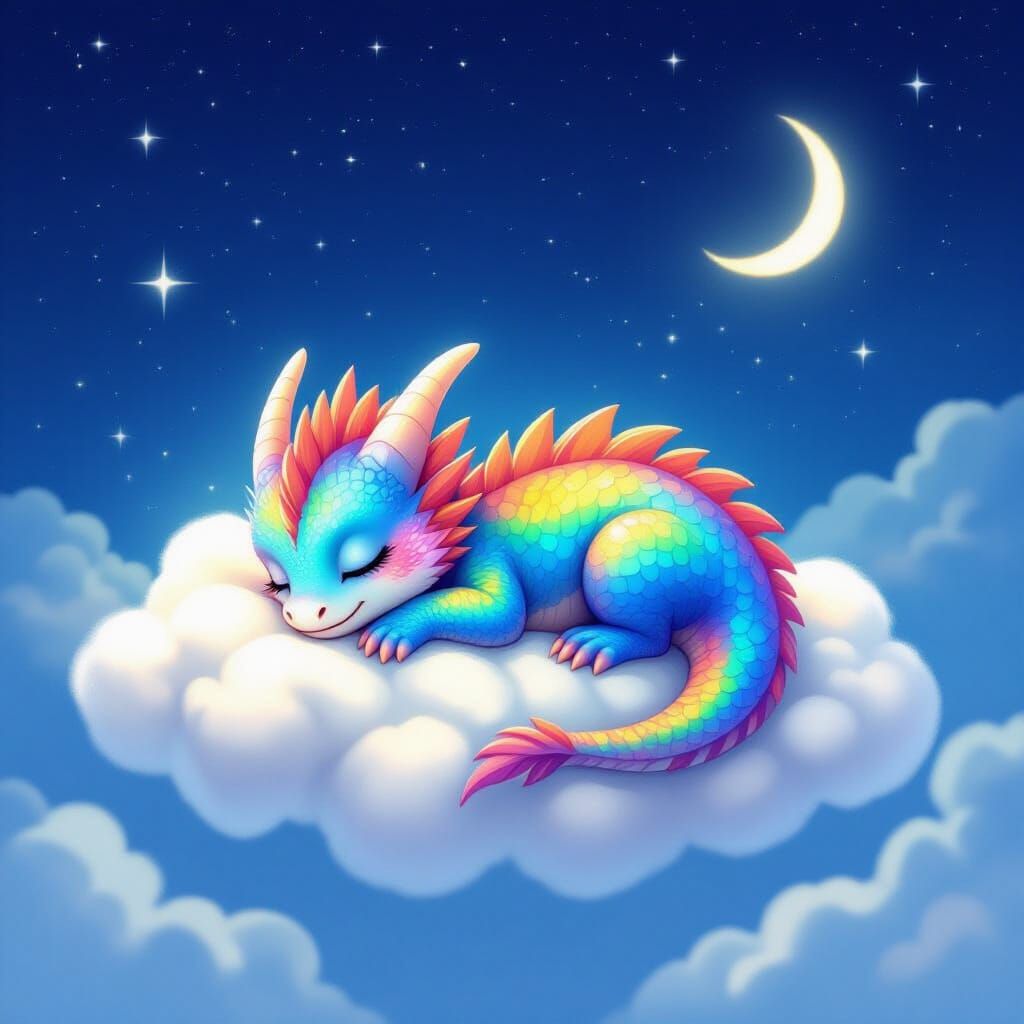 Rainbow Baby Dragon Sleeps on Cloud Under Starry Sky