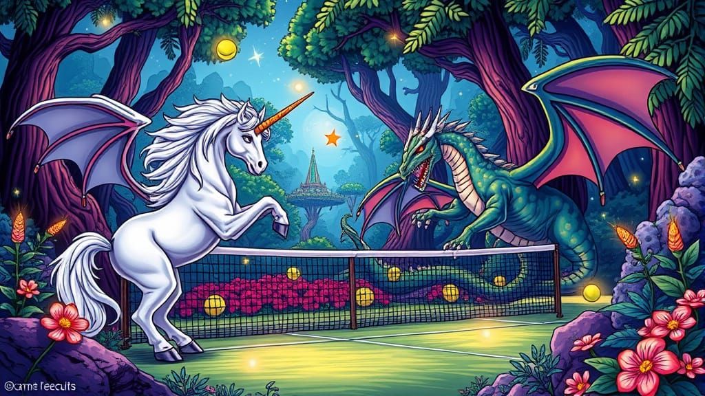 Mythical Creatures Play Tennis in Magical Forest