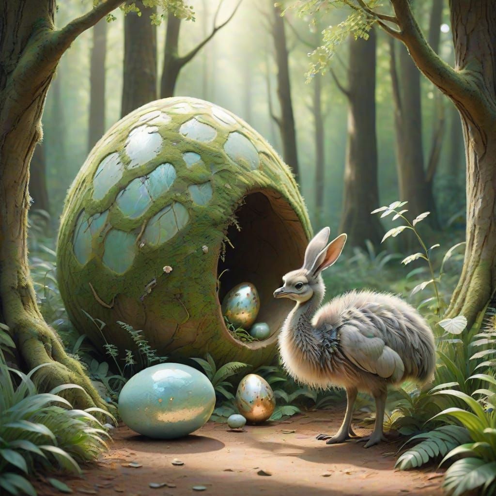 Whimsical Easter Bunny Discovers a Majestic Ostrich Egg