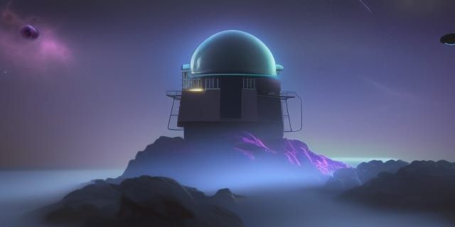 Lighthouse on Asteroid in Cosmic Nebula