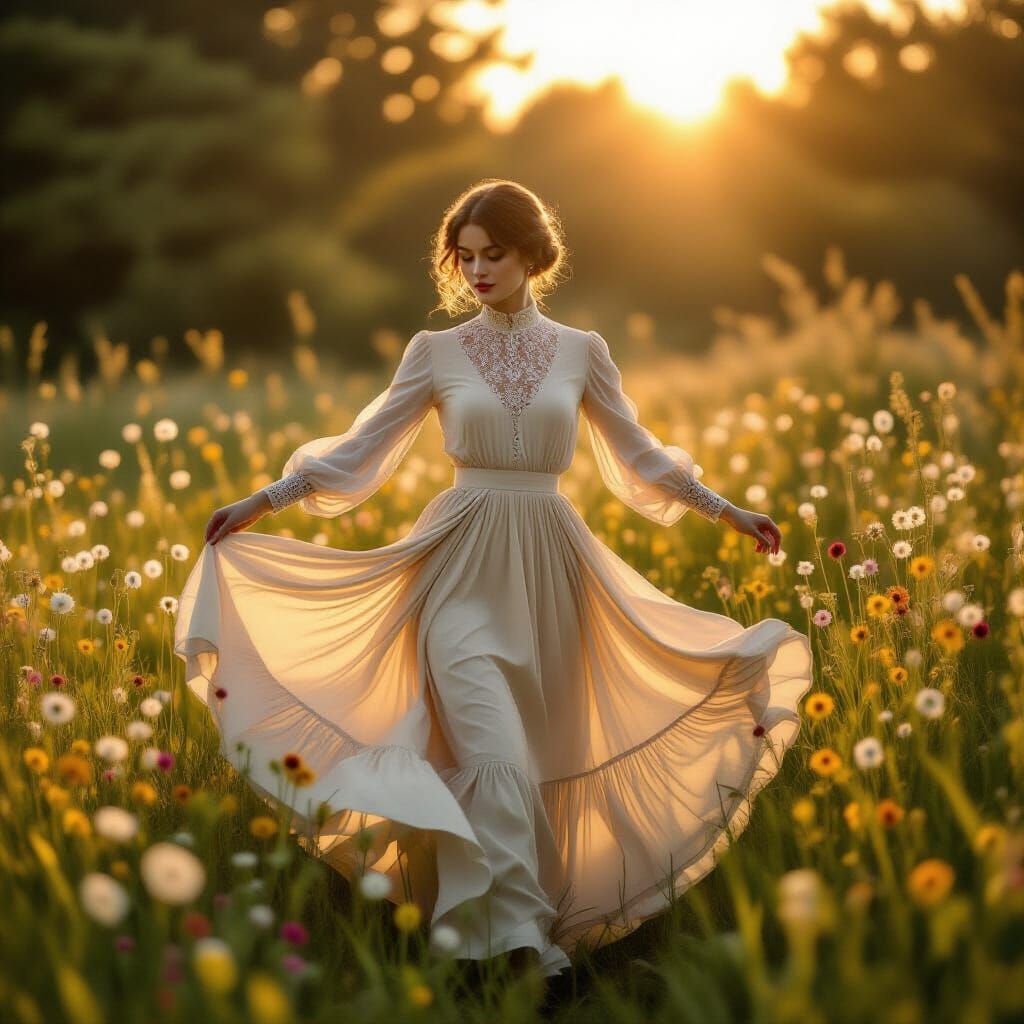 Vintage Dancer in Sun-Dappled Meadow, Early 20th-Century Sty...