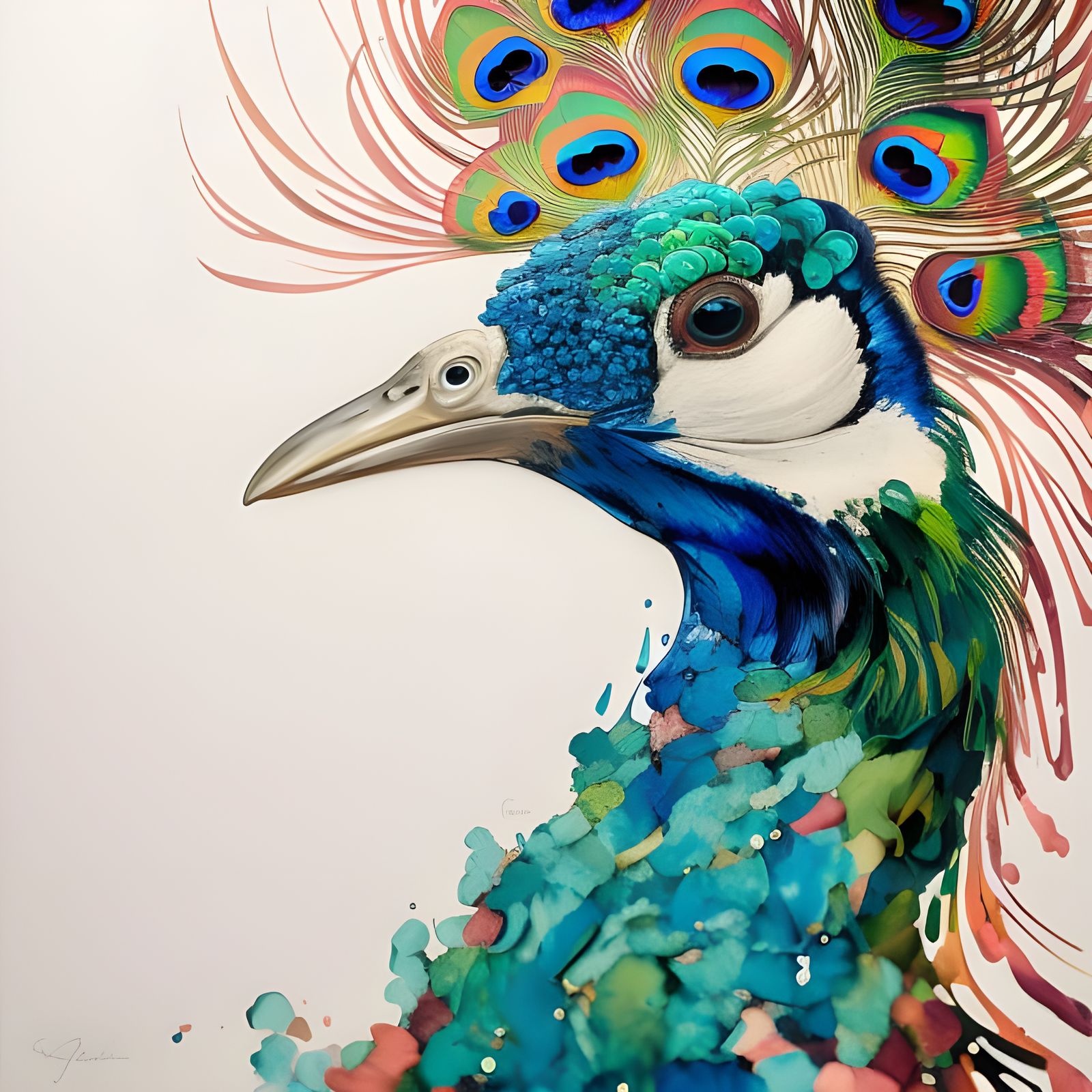 Colorful Ink Splash Peacock Portrait in Oil Paint