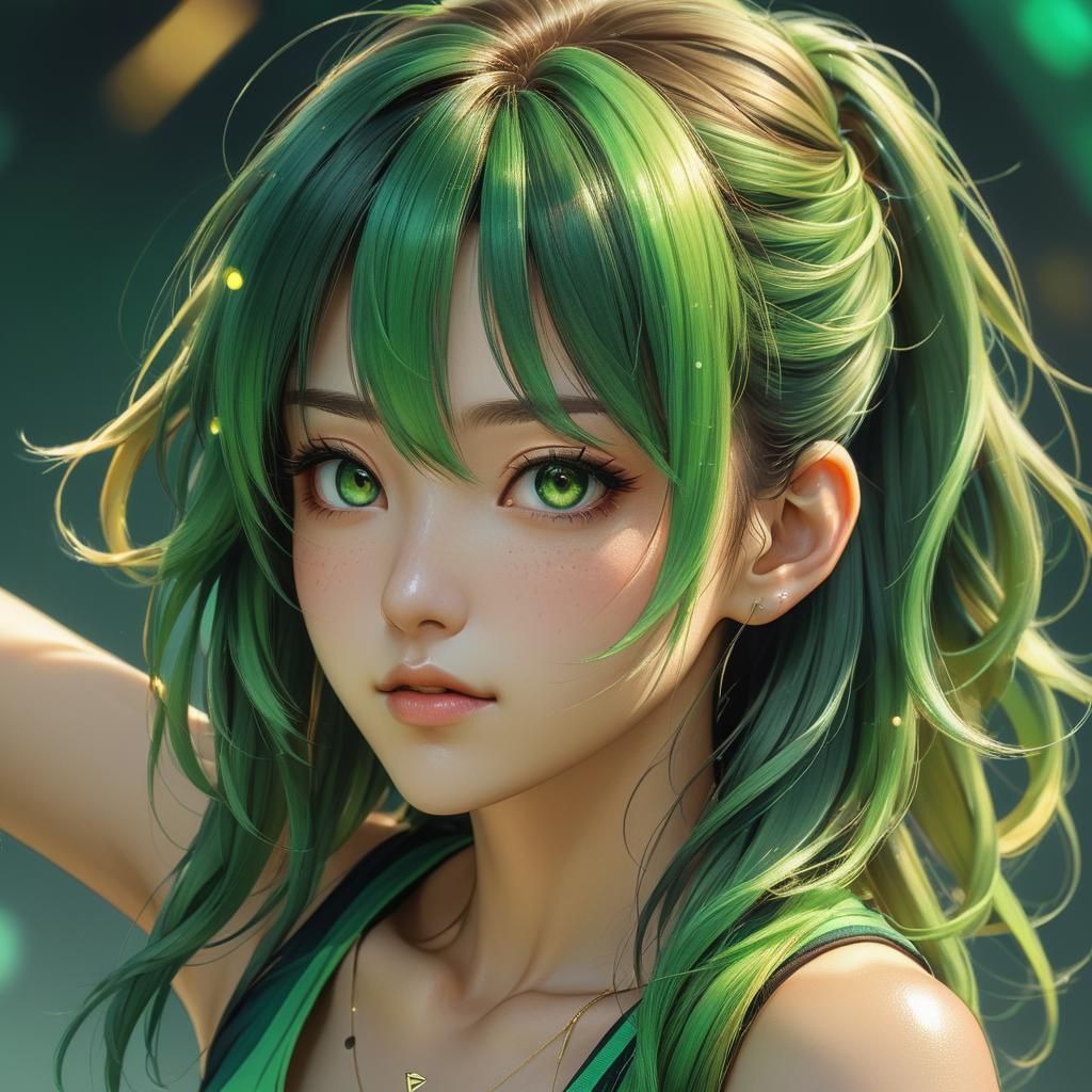 Hyper-Realistic Anime Portrait of Girl with Green Highlights