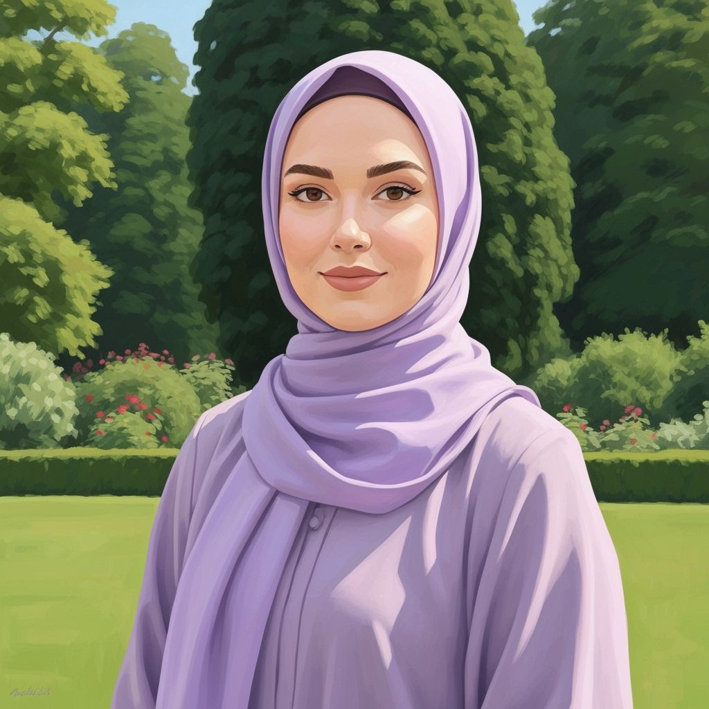 Minimalist Oil Painting of Smiling Woman in Lavender Hijab