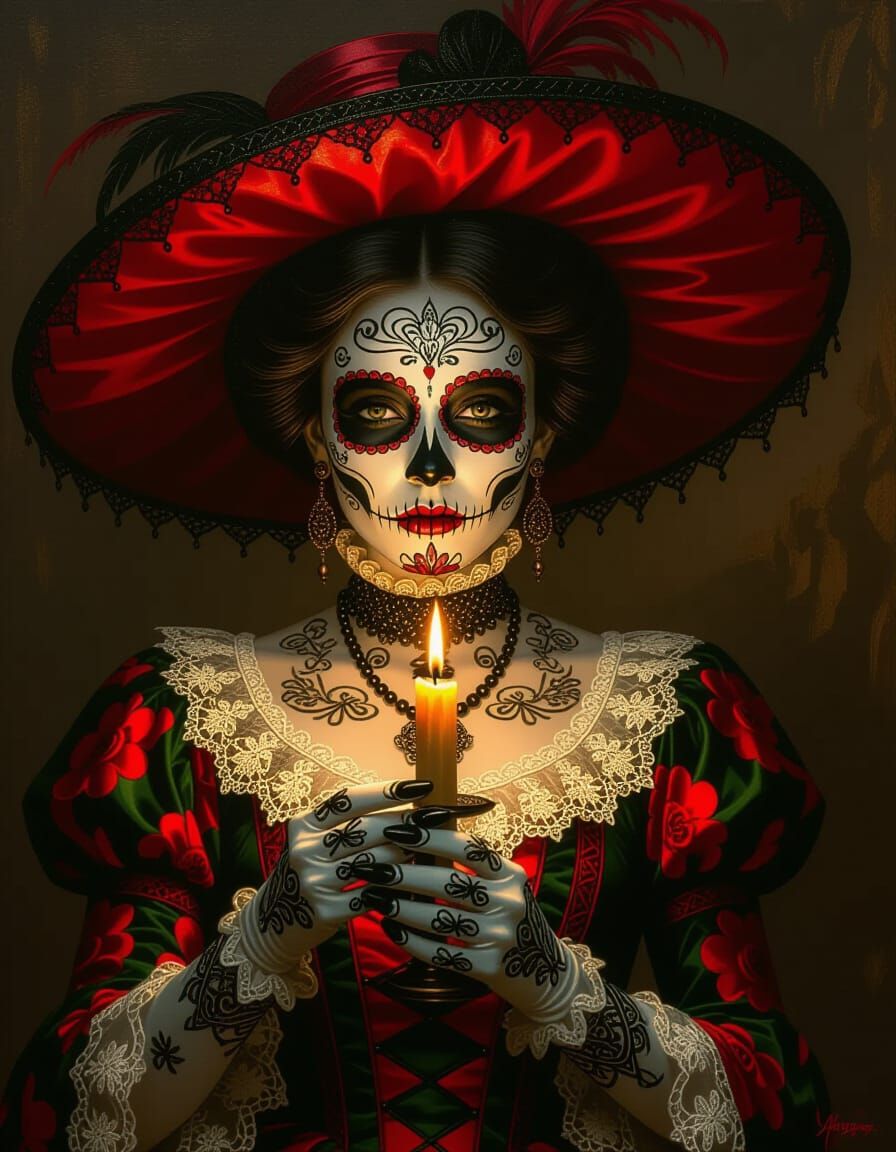 Elegant Decaying Catrina With Burning Candle, Oil Painting S...