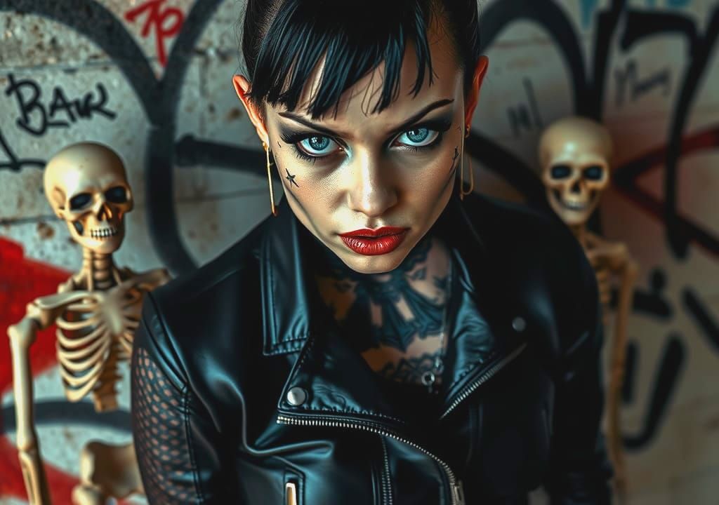 Gothic Lady with Tattoos and Graffiti Wall