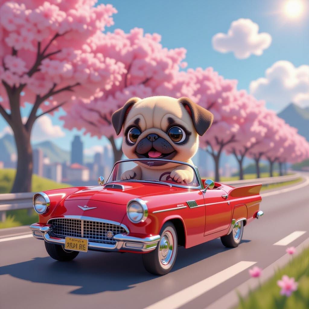 Baby Pug Drives Red Convertible Down Cherry Blossom Highway