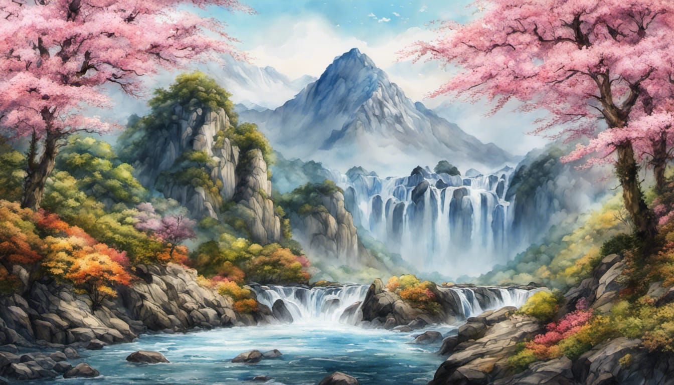 Watercolor Waterfall with Sakura Trees and Mist