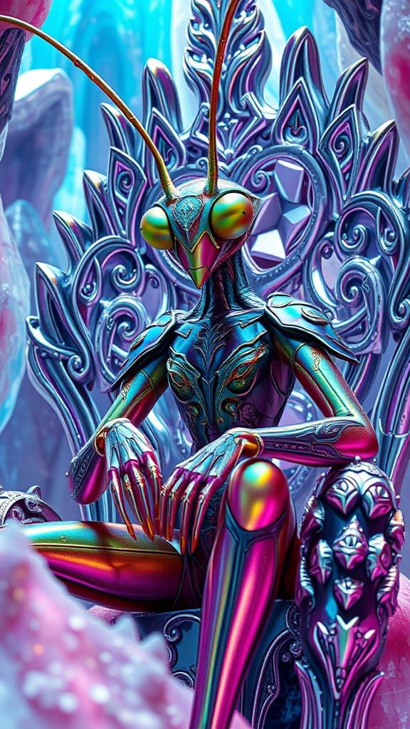 Hyperrealistic. Extreme close-up. A sentient praying mantis woman with a rainbow oil slick sheen sits pensively on a chr...