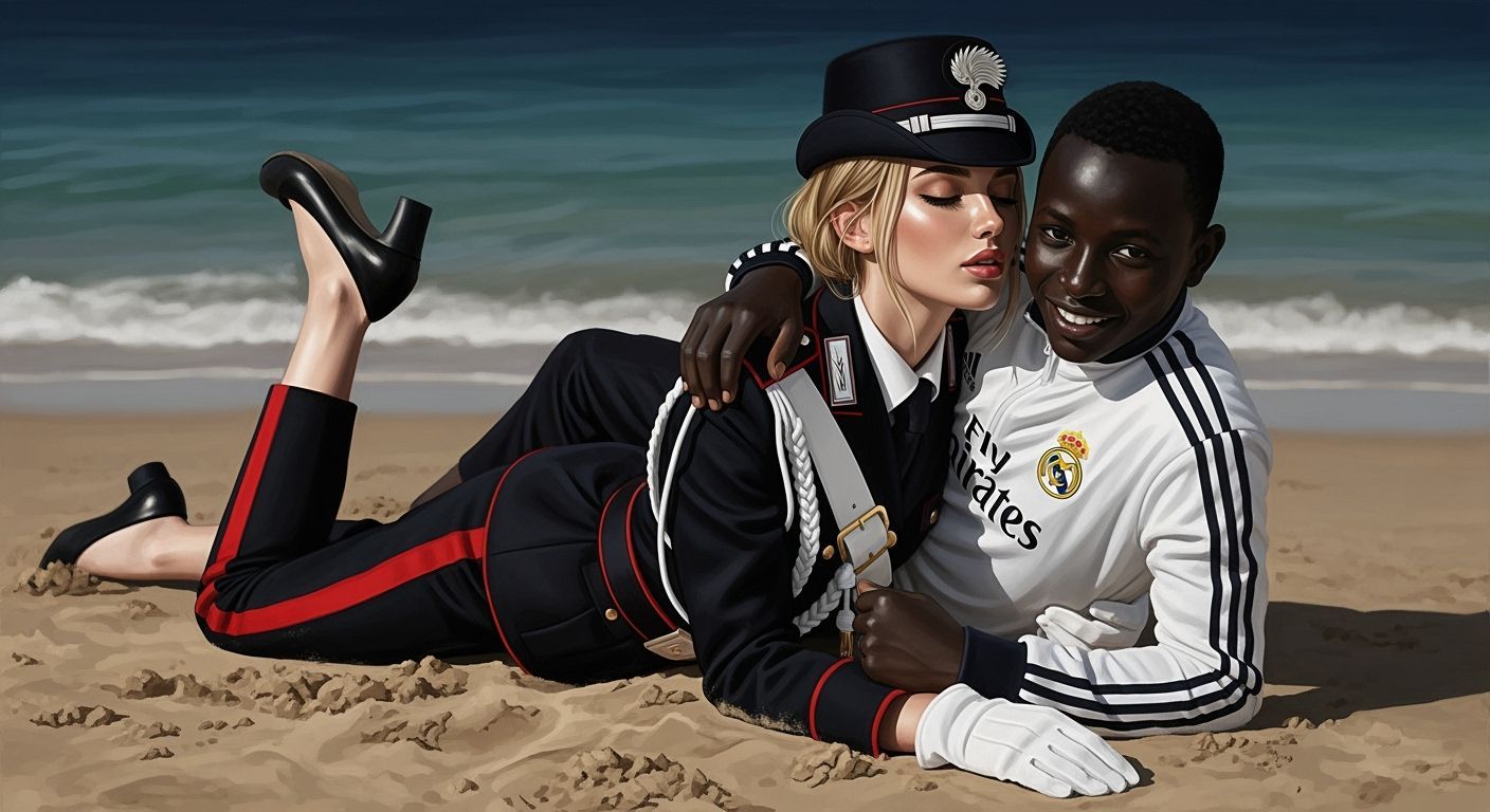 Passionate Embrace on Lampedusa Beach: Painterly Style