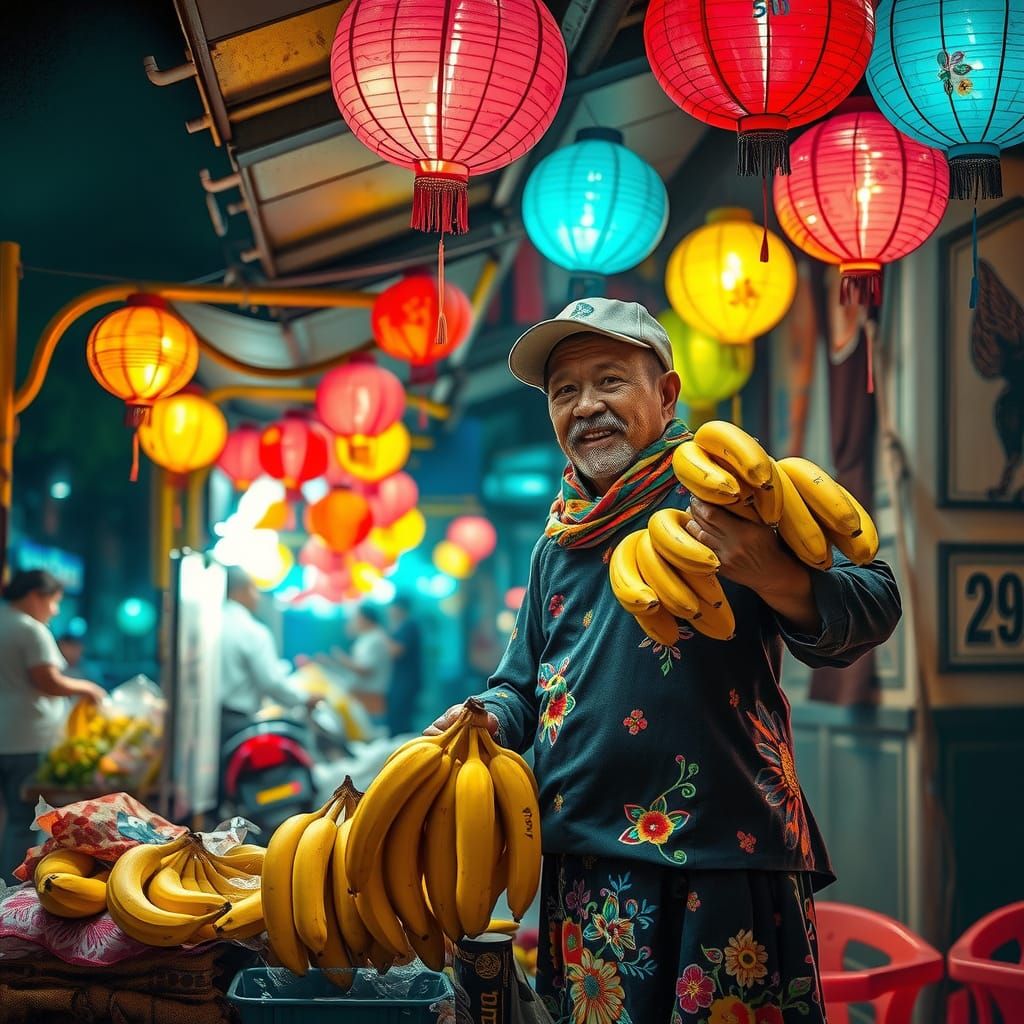Night Market Vendor Offers Fresh Bananas Amidst Colorful Lan...