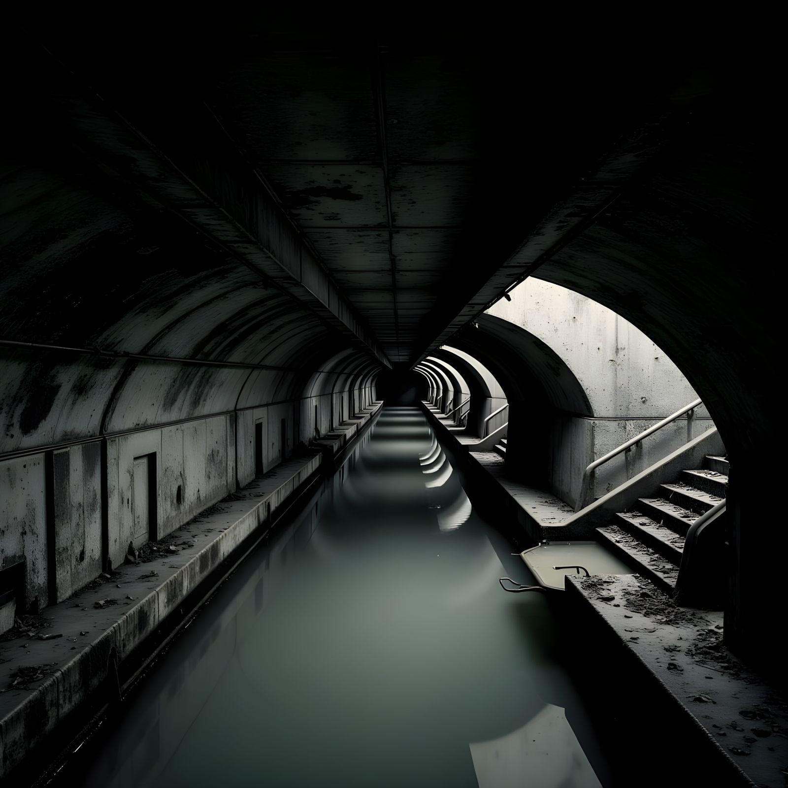 Abandoned Underground Canal System in Muted Grayscale
