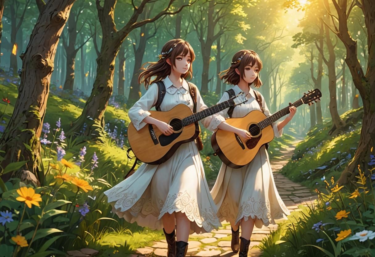 Anime Girl Guitarist in Whimsical Forest, 3D Art