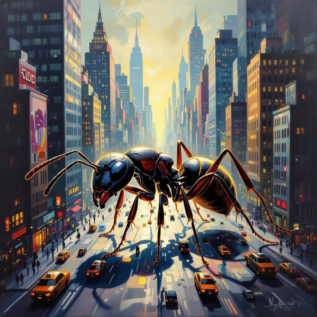 Giant Ant Dominates Metropolis in Surreal Oil Painting