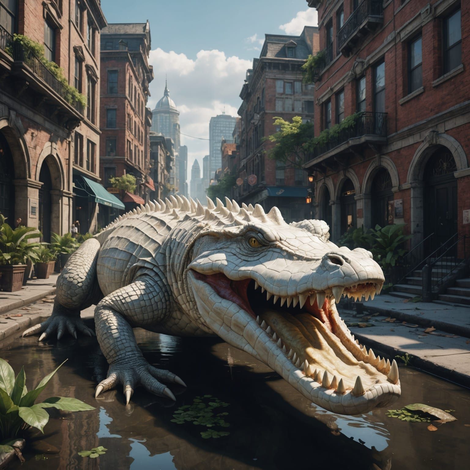 Giant Albino Alligator in the City: Fantasy Art