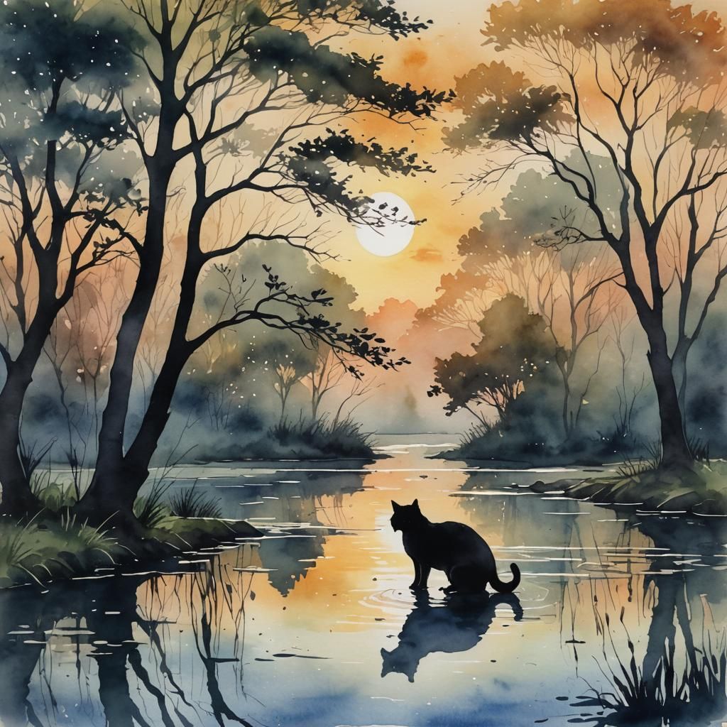 Watercolor Cat Silhouette at Sunrise Pond