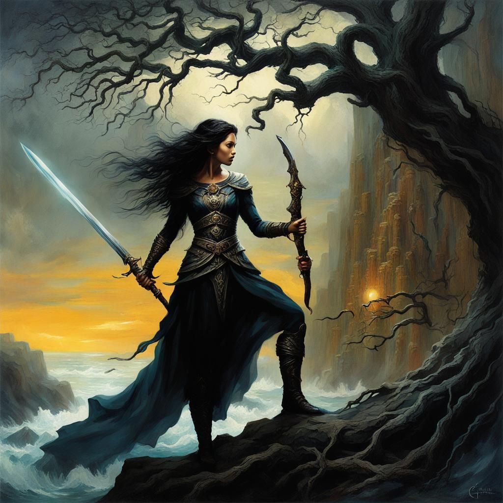 Dark Fantasy Woman in Ornate Landscape as Oil Painting