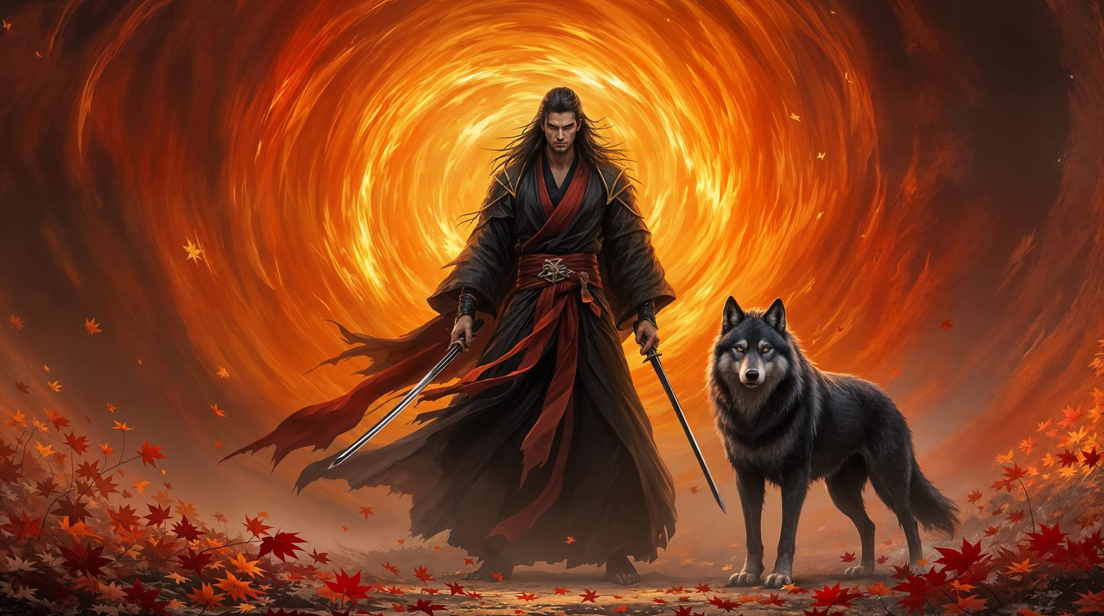 Cyberpunk Samurai Unleashes Fiery Vortex Amid Autumn Leaves
