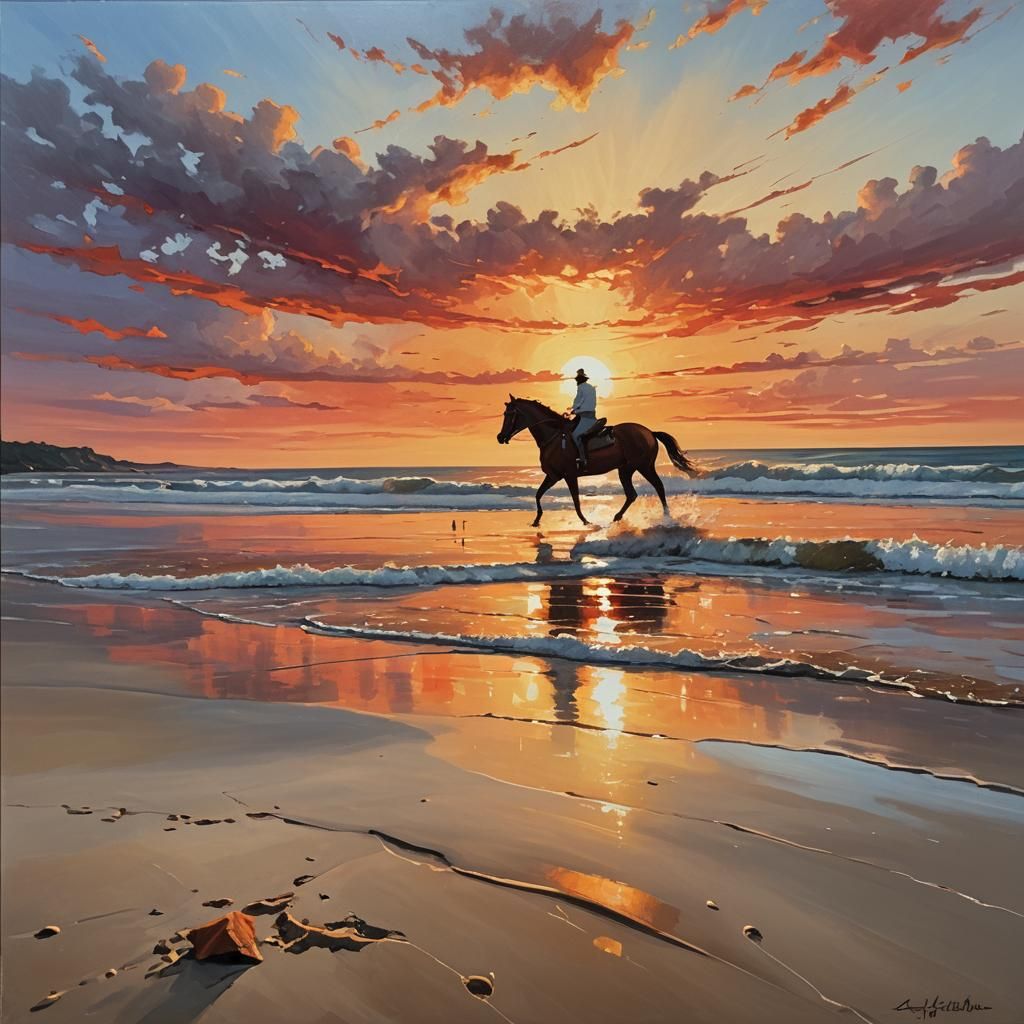 Golden Hour Beach Sunset with Galloping Horse