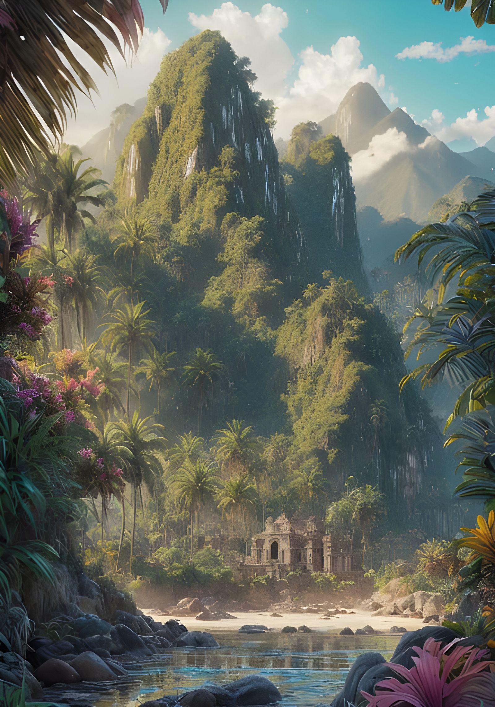 Lush Coastline Landscape with Mayan Ruins