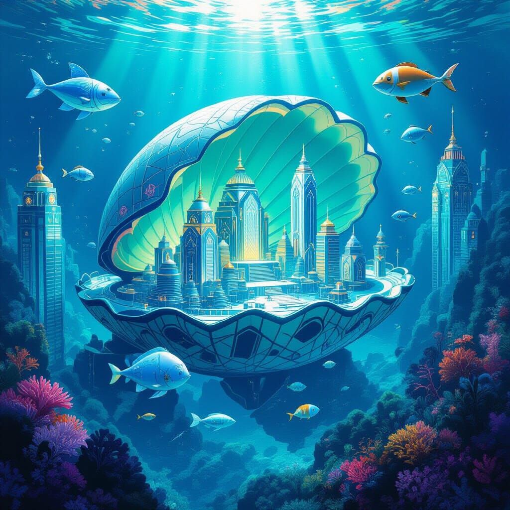 Vibrant Art Deco Underwater City with Bioluminescent Shell