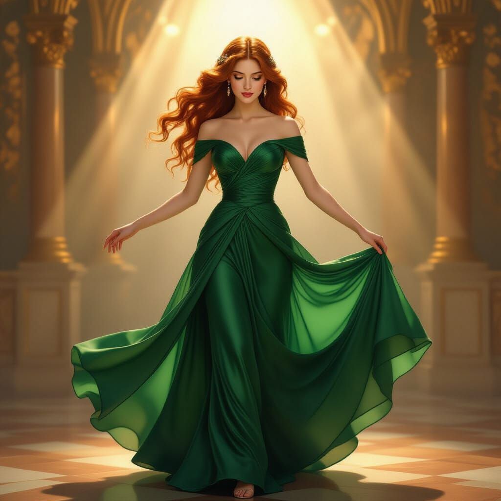 Elegant Woman Dancing in Emerald Gown as Romantic Oil Painti...