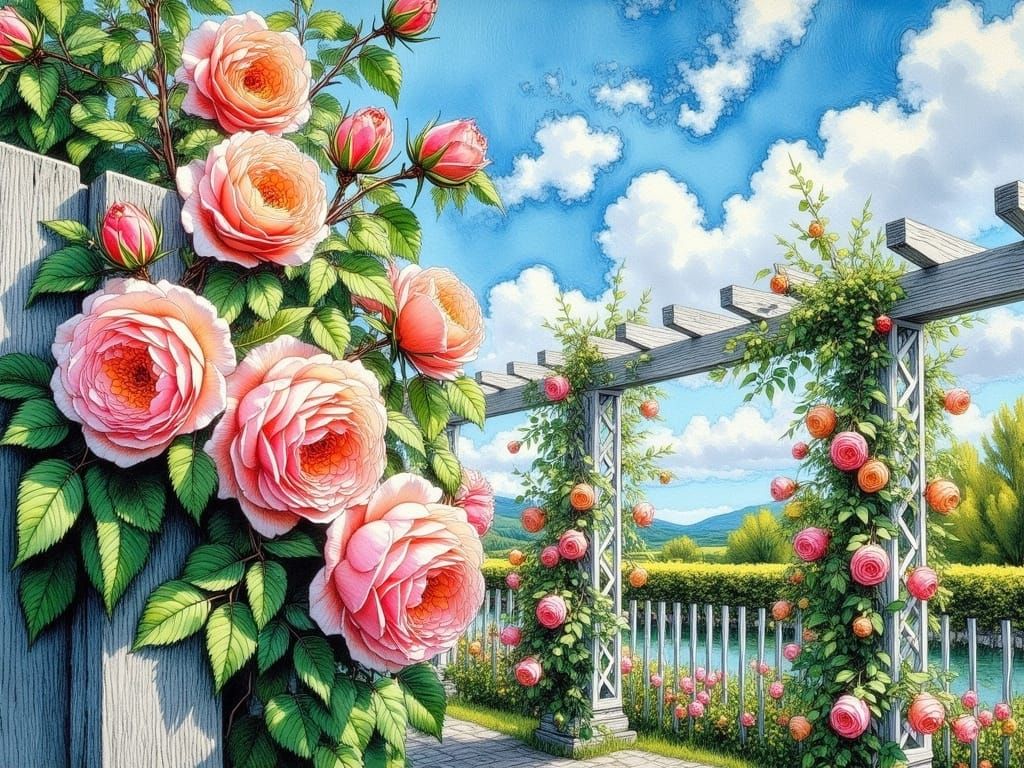 Lush Climbing Roses on White Trellis in Impasto Oil Style