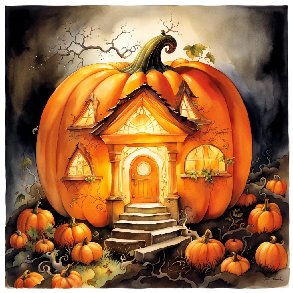 Enchanting Pumpkin House Storybook Illustration