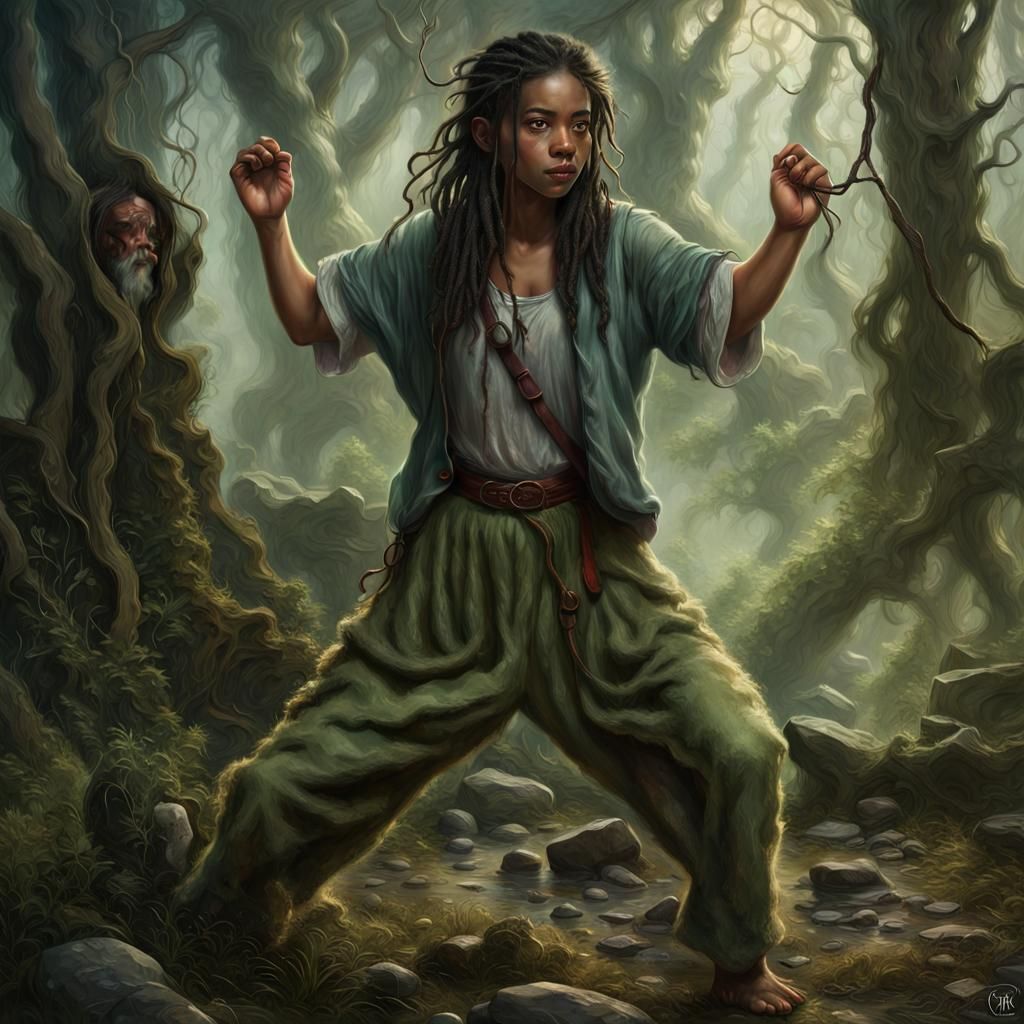 Fierce Hobbit Woman Punches in Moody, Hyperrealistic Art