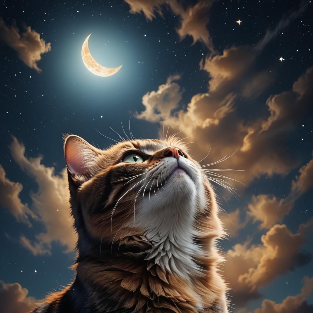 Cat Gazing at Colorful Moon in Hyper-Realistic Style