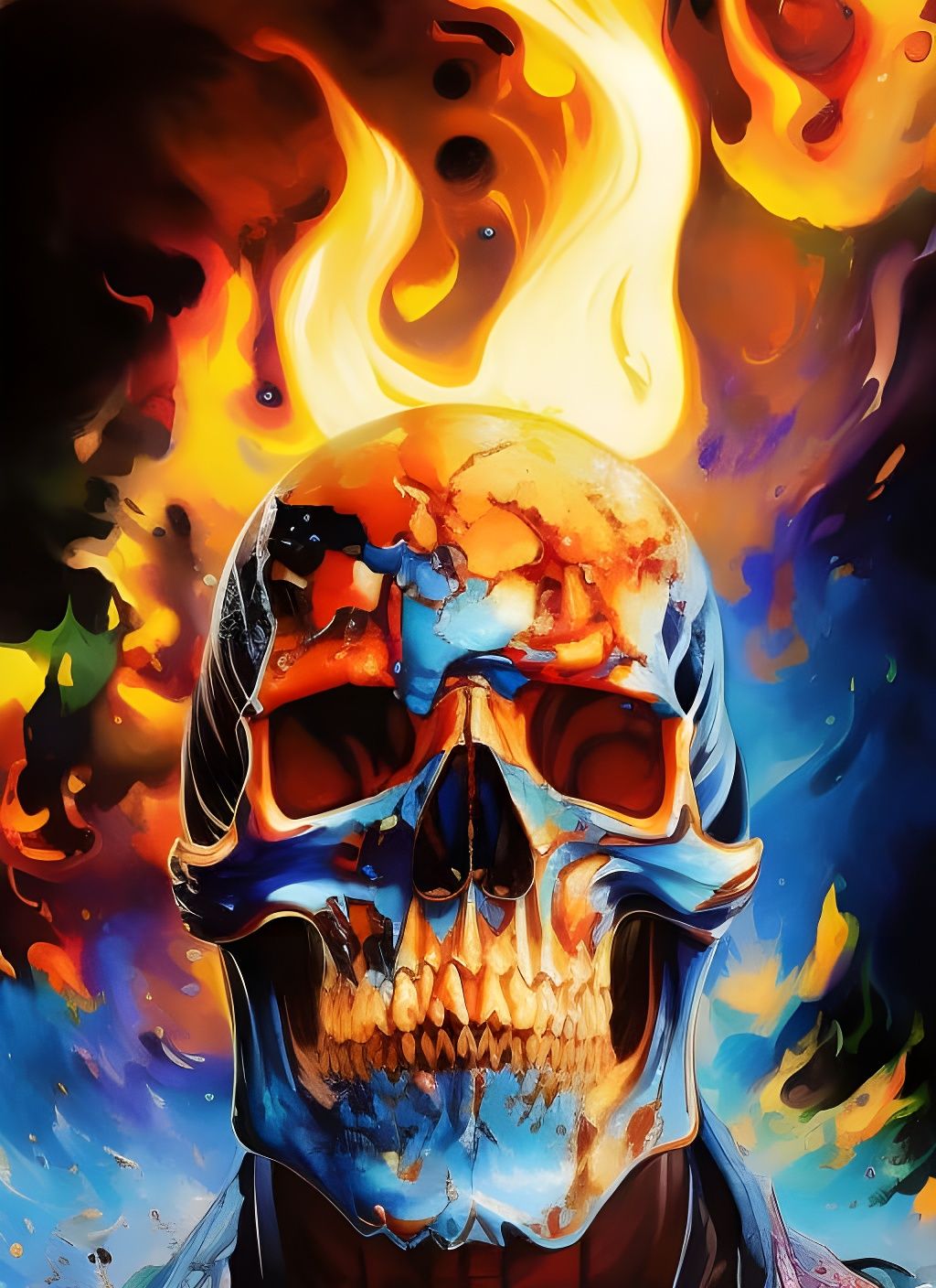Flaming Skull Portrait in Oil Splash Style