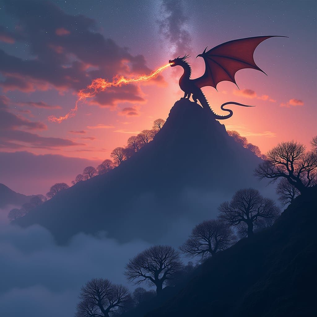Majestic Dragon Soaring Over Mystical Mountain at Twilight