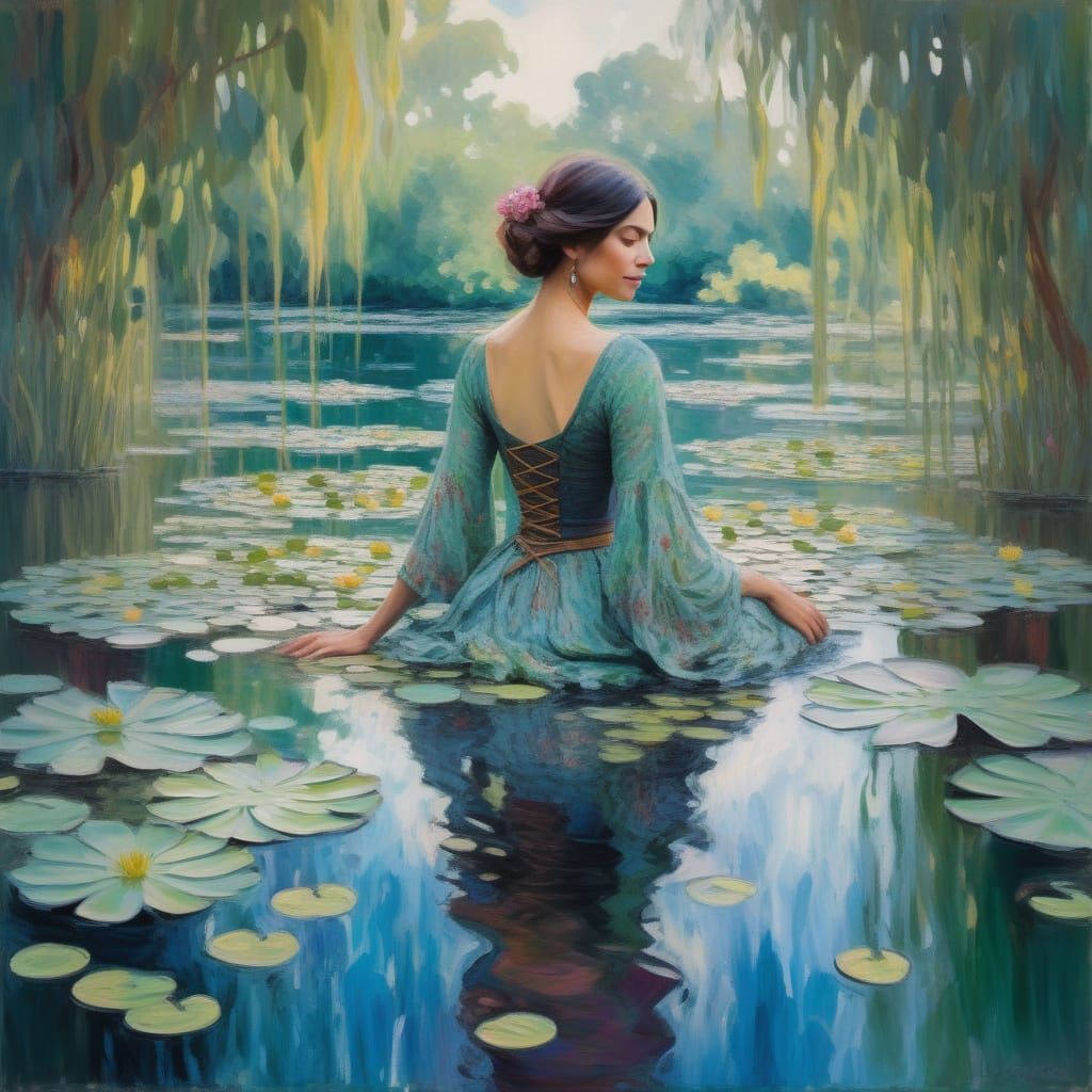 Bohemian Woman Among Monet Water Lilies