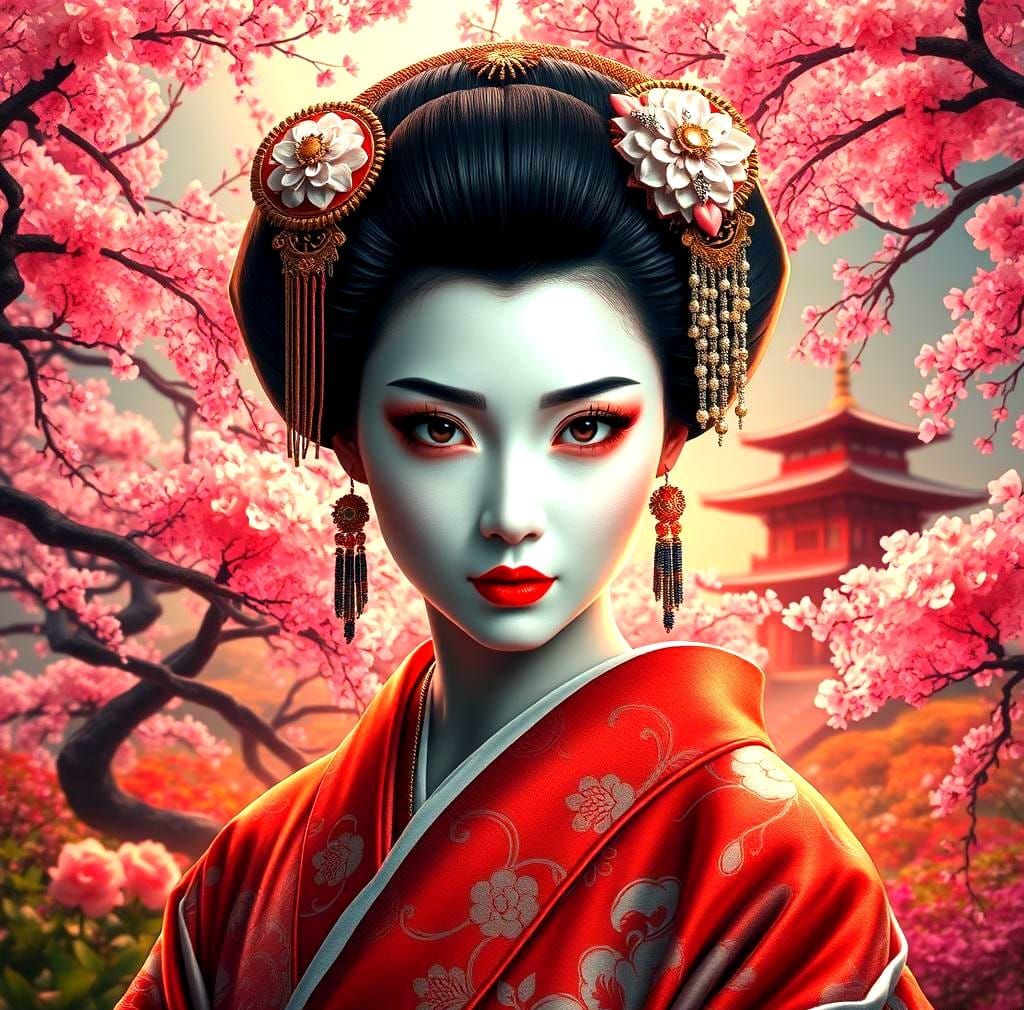 Geisha in Sakura Garden: Art Nouveau Portrait