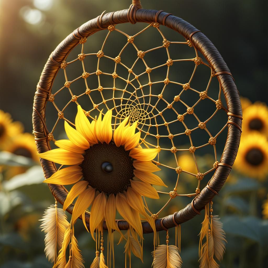 A dreamcatcher made from yellow sunflower intricate detail, photorealism, 8k resolution, fantasy concept art